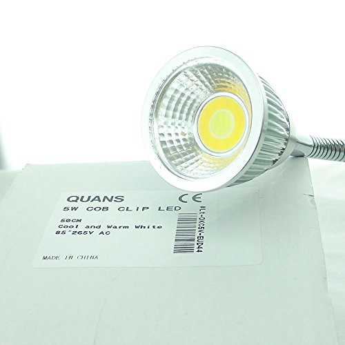 QUANS 5W 3 Colors LED COB Clip on Light Silver 19.68 INCH 50 cm Tube Desk Flexible Table Bed Lamp Work Home Design Lighting 110V 220V 85V - 265V AC with US Plug Switch on Off 500LM (Silver) - Thumbnail 2