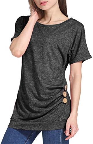 Womens Casual Short Sleeve Tunic Tops Round Neck Shirts Loose Button Blouse