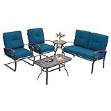 Incbruce 5Pcs Outdoor Patio Furniture Conversation Sets (Loveseat, Coffee Table and Bistro Table, 2 Spring Chair) -Wrought Iron Chair Set with Peacock Blue Cushions