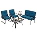 Incbruce 5Pcs Outdoor Patio Furniture Conversation Sets (Loveseat, Coffee Table and Bistro Table, 2 Spring Chair) -Wrought Iron Chair Set with Peacock Blue Cushions