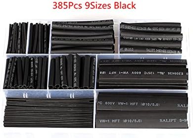 385 Pcs Heat Shrink Tube Back Color 9 Sizes Tubing Wrap Sleeve Set Combo Assorted Heat Shrink Tube Kit for DIY