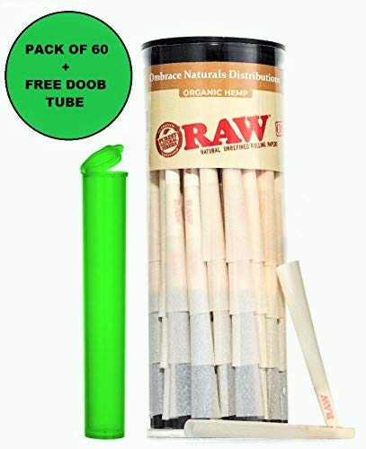 RAW Pre Rolled Cones with Filter 60 Count Organic 1 1/4 with Bonus Doob Tube