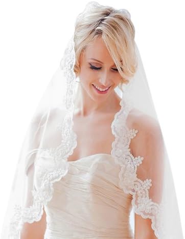 Brittany - French Lace Cathedral Length Veil 3 yards long (not elbow or fingertip) - Hand Sewn Soft Lace Single Tier (1 tier) Wedding Veil with Hair Comb - Vintage Bead Accents (Off White, Ivory)