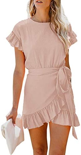 Youxiua Womens Wrap Ruffle Dresses Short Sleeve Casual Party Empire Waist Belts Mini Dress