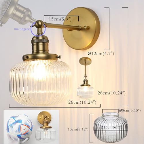 Permo Classic Vintage Wall Lamp Indoor Wall Light Fixture with Clear Globe Ribbed Glass Shade for Bedroom Living Room (Antique)