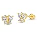 14k Yellow Gold White Butterfly Cubic Zirconia Children Screwback Baby Girls Earrings