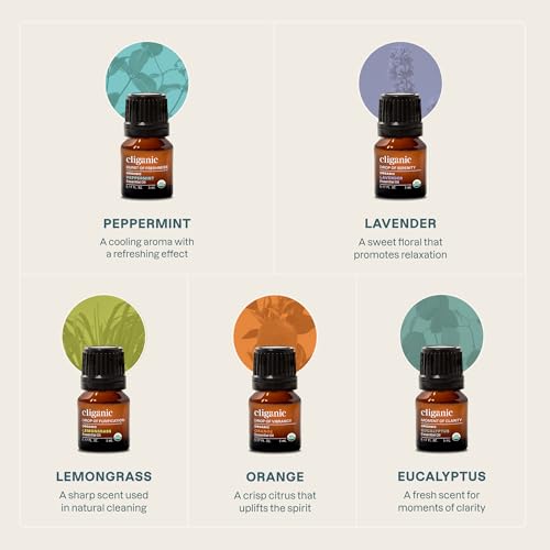 Cliganic – Juego de Aceites Esenciales Orgánicos Top 5 (Menta, Lavanda, Eucalipto, Limoncillo y Naranja), 100% Puros y Naturales, para Aromaterapia y Fabricación de Velas