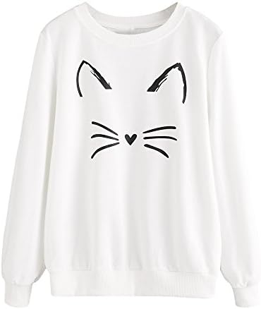 Kstare Women's Fashion Casual Long Sleeve O-Neck Cat Printing Tshirt Sweatshirt Pullover Tops (White, L)