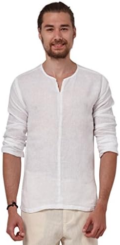 Liash Men Linen Casual Beach Hawaii Collarless Casual Shirt (L)
