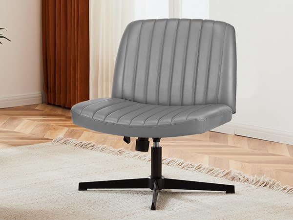 DUMOS Desk Chair No Wheels, Criss Cross Chair Wide Cross Legged Office Desk Vanity Chair, PU Leather Armless Adjustable Swivel Chairs for Home Computer Task,Grey-pu