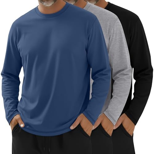 Real Essentials 3 Pack: Men's Cotton Long Sleeve Crew Neck T-Shirt