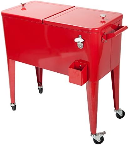 HIO 80 Qt. Outdoor Patio Rolling Cooler Table with Bottle Opener, Red