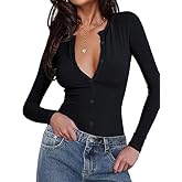 INFITTY Women Bodysuit Sexy Deep V Neck Button Down Long Sleeve Top 2026 Trendy Thong Body Suits Outfits for Going Out