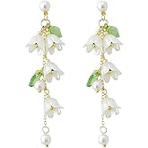Fuvirou Flower Leaf Earring for Women White Lily Of The Valley Flower Dangle Long Tassel Earrings Summer Fairy Jewelry