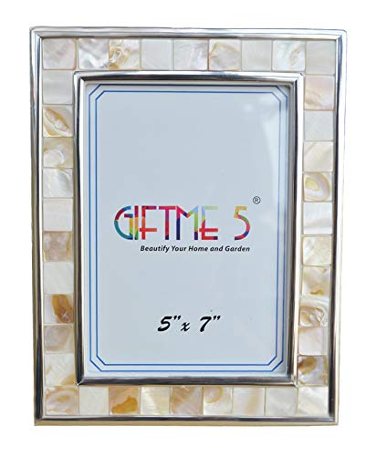 GIFTME 5 Silver Plate Picture Frame 5x7 Mother of Pearl 5 by 7 Photo Frames Mosaic Glass Tabletop Frame (Grey+ White)