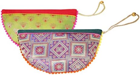 Handmade Antique Silk Clutch Wristlet Indian Made Purse Organza Bag with Ethnic design Wedding Gift Pouch (Set of two)