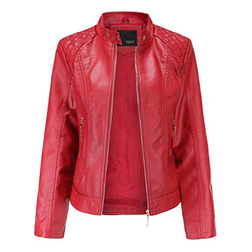 DONTAL Winter Warm Women Short Coat Leather Biker Jacket Parka Zipper Tops Overcoat Outwear Red - Thumbnail 4
