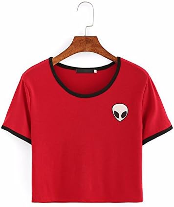 Blogger Striped ET Teen Girls Alien Crop Top Slim Tees Short Sleeve T-shirt (XL(US14-16), Red)