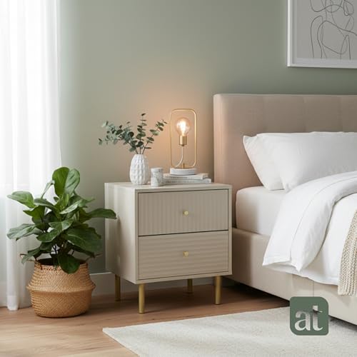 ALTALIA DECO HOME Buró para Recamara Minimalista - Buro de Madera con 2 Cajones amplios Acanalados - Buró de Noche Moderno - Buros Mesa Auxiliar Herrajes Dorados - 48x40x58 cm (Gris) (Gris)