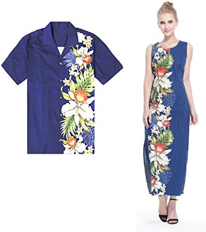 ハワイで作られたカップルマッチングルアウアロハシャツマキシタンクドレスサイドオーキッドターコイズ