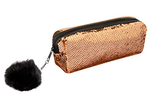 STRIPES Reversible Mermaid Sequin Hairball Pencil Case Cute Pencil Box Glitter Pencil Cases Flip Sequin Coin Purse Makeup Bag Makeup Pouch Cosmetic Bag Travel Organizer Stationery Gift For Girls / Women (Bronze Colour)