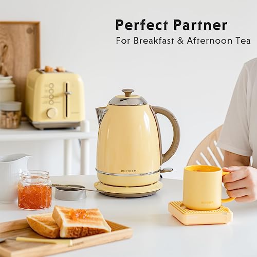 BUYDEEM K640 Stainless Steel Electric Tea Kettle with Auto Shut-Off and Boil Dry Protection, 1.7 Liter Cordless Hot Water Boiler with Swivel Base, 1440W (Mellow Yellow)