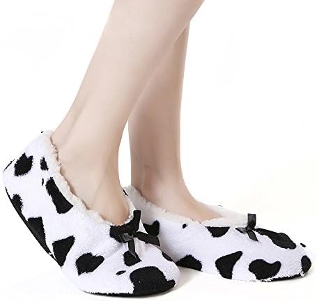 Cozy Plush Lined Slipper Socks for Women Girls non slip Slipper Socks Warm Winter Socks - White-Black Cow