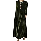 TIAFORD Women's Velvet Long Sleeve Smocked Maxi Dress Fall Winter Casual Loose Crew Neck High Waist Wedding Guest Dresses