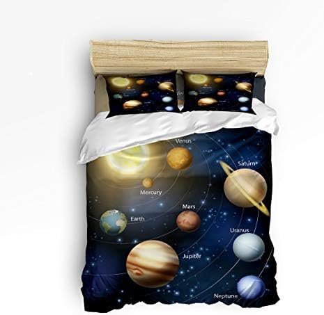 USOPHIA Queen Size 4 Pieces Bed Sheets Set, Solar System Orbit The Sun with Names of Planets Geography 3D Print Floral Duvet Cover Set