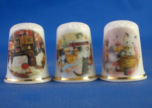 Porcelain China Collectable Thimbles - Set of Three Cats with Sewing