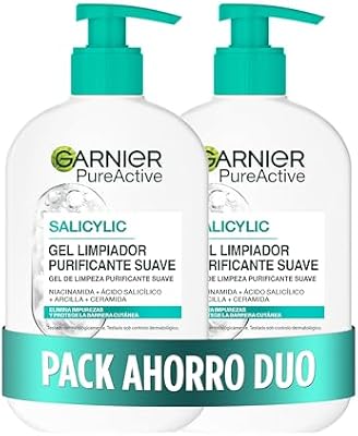 Pure Active Pack x2 Gel limpiador Purificante con Ácido Hialurónico, Ceramida y Arcilla, Elimina Impurezas, Grasa y Maquillaje, 2 x 250ml