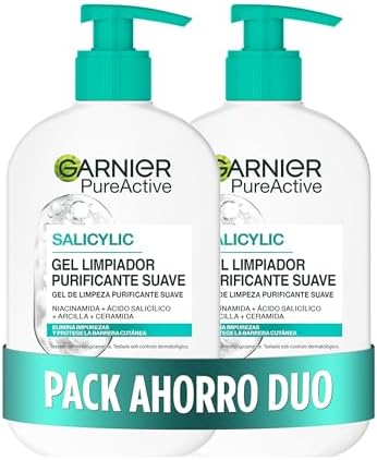 Garnier pure active pack x2 gel de limpeza hidratante com ácido hialurônico, ceramida e argila, remove impurezas, oleosidade e maquiagem, 2 x 250ml