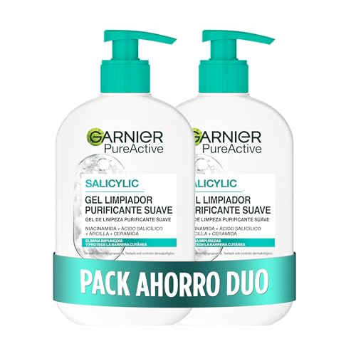 Pure Active Pack x2 Gel limpiador Purificante con Ácido Hialurónico, Ceramida y Arcilla, Elimina Impurezas, Grasa y Maquillaje, 2 x 250ml