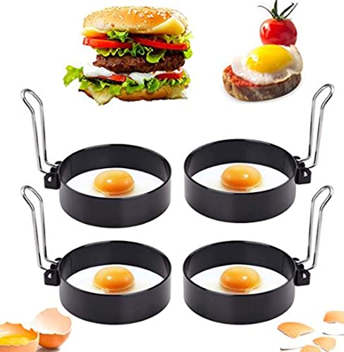FLYFISH Stainless Steel Egg Ring, Fried Egg Moulds, Non-Stick Egg Rings with Folding Handles, Round Egg Rings for Cooking Fried Egg/Pancakes/Omelettes and More (S (7.6 cm x 2.1 cm), Black (Pack of 4)