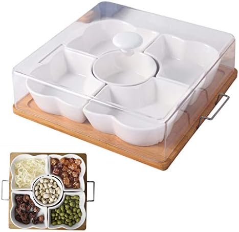 SNGUOPAN Snack Serving Tray Set Fruit Dish Ceramic Bamboo Tray And Lid, Set of 5 Removable Compartment Bowls, Condiments, Nuts & Candy, Snacks. Suitable for Living Room Bedroom