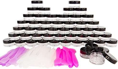 GreatforU 3ml Small Jar, 50pcs Empty Cosmetic Sample Container, Plastic Round Pot Black Cap Lid, Small Travel 3g Jars for Makeup Eye-shadow Nails Powder Jewelry Gems Beads Ointments, Free 50x Spatulas