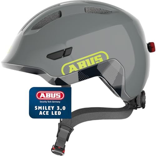 ABUS Kinderhelm Smiley 3.0 ACE LED - Fahrradhelm mit Licht - tiefe Passform & Platz für einen Zopf - für Mädchen und Jungs - Grau Glänzend, Größe S, S