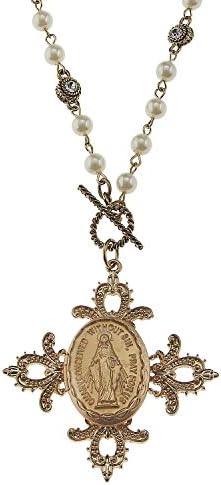 Women's Artisan Cross Pendant Necklace. Antique Gold Plating. Linked Ivory Imitation Pearl Front Toggle Necklace with Rhinestone Connector Accents. Bold Artisan Cross Pendant with Saint Embellishment. Approx. Length: 20". Front Toggle Closure.