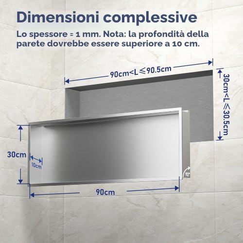 Bernkot Wall Mounted Shower Stainless Steel RGB LED Wall Mounted Niche with Remote Control 90cm x 30cm Silver