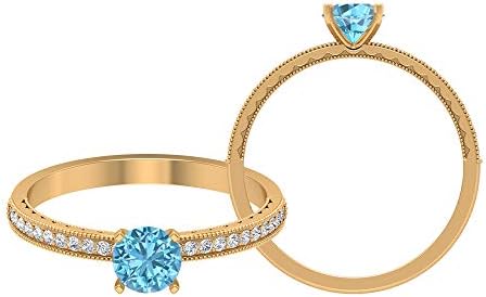 ミルグレインエンゲージリングラウンドカットソリティアプロミスリング Hi Si バースデー 記念日 ギフト 贈物 お勧め 通販 ダイヤモンド 5mm アクアマリン フレンチセッティングリング イエローゴールド ソリッドゴールドサイドストーンリング Size 10k 13