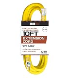 10 Foot Lighted Outdoor Extension Cord - 12/3 SJTW Heavy Duty Yellow Extension Cable with 3 Prong Grounded Plug for Safety - Great for Garden and Major Appliances