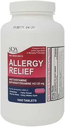 Allergy Relief Pills Diphenhydramine HCl 25mg 1000 Count | Relief for Itchy-Watery Eyes, Sneezing, Runny Nose | Indoor & Outdoor Allergies