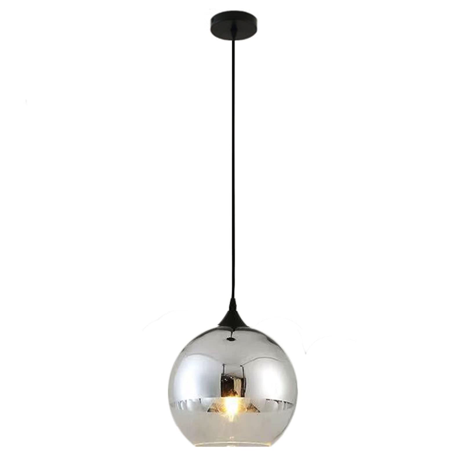 Euone_Clothes Semi-Plated Spherical Glass Pendant Light,Modern Simple Globe Ceiling Hanging Lamp, Kitchen Island Dining Room Bedroom Chandelier (Silver, 15cm)