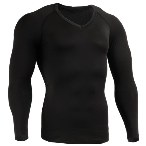 emFraa Mens Womens Skin Tight V-neck Thermal Base layer Compression Winter Black Shirt S