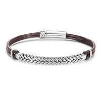 Carleen Footprint 925 Sterling Silver Genuine Mens Leather Bracelet Braided Rope Energy Charm Push Button Locking Clasp, 8.3" Brown