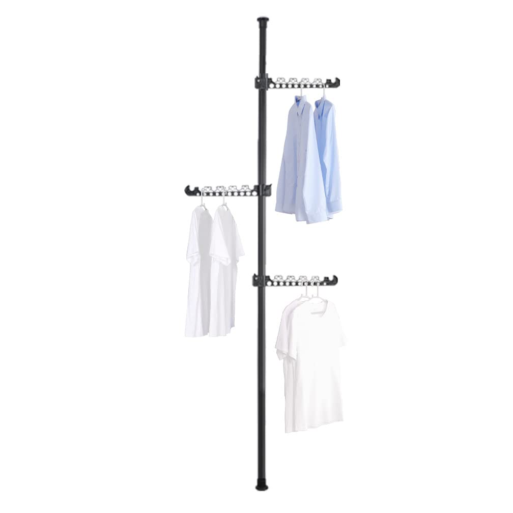Hershii Adjustable Clothing Rack Laundry Tension Pole 3 Tiers Clothes Drying Hanger Stand Coat Tree DIY Floor to Ceiling Vertical Corner Garment Storage Organizer for Indoor, Balcony - Black