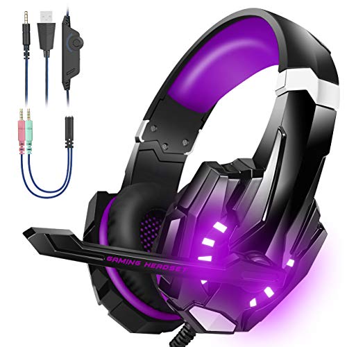 Bengoo Stereo Gaming Headset for PS5, PS4, PC, Xbox One Controller, Noise Cancelling Over Ear Headphones with Mic, LED Light, Bass Surround, Soft Memory Purple
