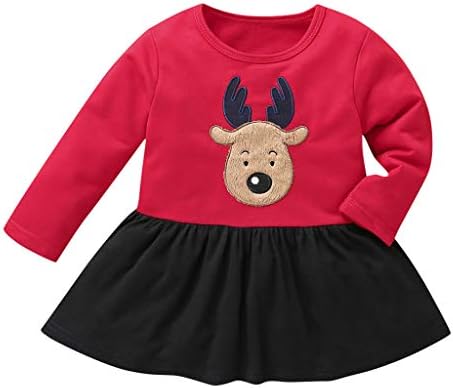 Little Girls Christmas Party Dress,Jchen Little Kids Girls Long Sleeve Cartoon Elk Patchwork Princess Dress for 1-6 Yrs