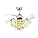 Siljoy Retractable Ceiling Fans with Lights and Remote Invisible Crystal Chandelier Lighting Dimmable LED 3 Color Changing Chrome Finish 36