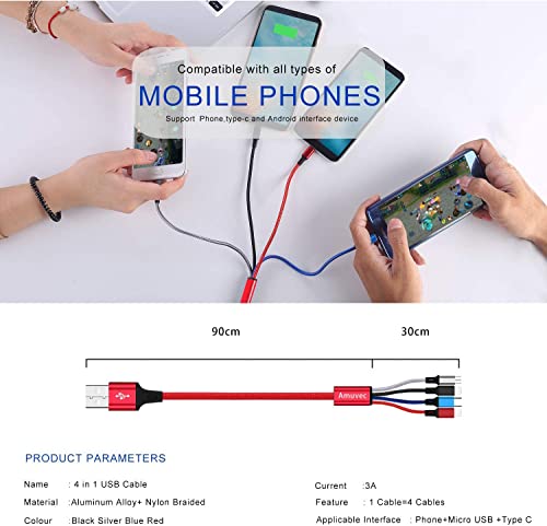 Amuvec Multi Charger Cable, 4 in 1 3A USB Fast Charging Cord Nylon Braided with 2iP Type C Micro USB Connector, for Phone, Samsung Galaxy S22 S20 S10 S9 Plus, Huawei, Sony, Moto, Xiaomi, LG, PS5-1.2M